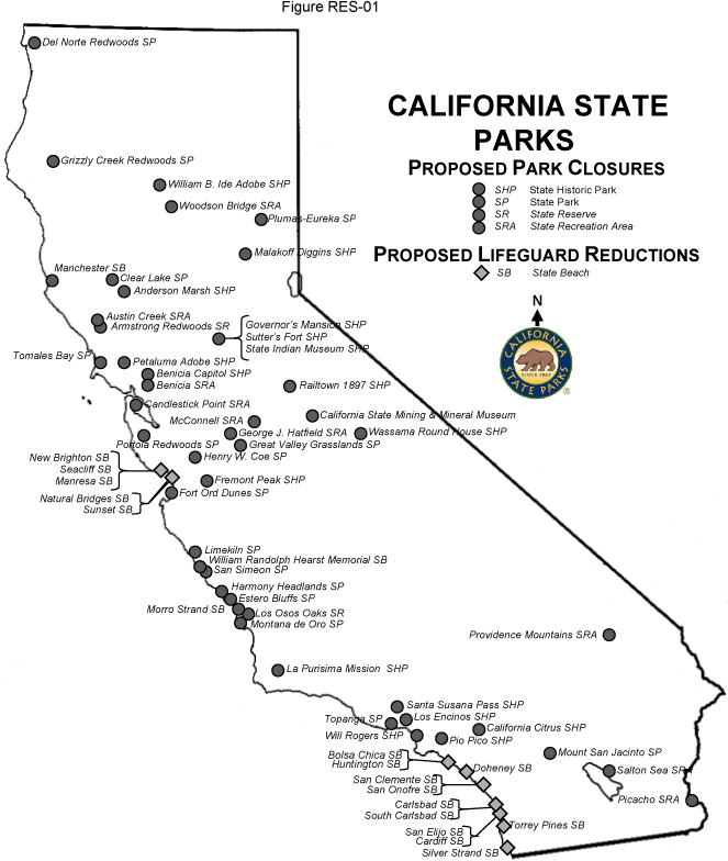 Map of California that displays the following parks proposed to be closed: 
Del Norte Redwoods
Grizzly Creek Redwoods
William B. Ide Adobe
Woodson Bridge
Plumas-Eureka
Malakoff Diggins
Manchester Beach
Clear Lake
Anderson Marsh
Austin Creek
Armstrong Redwoods
Governor's Mansion
Sutter's Fort
State Indian Museum
Tomales Bay
Petaluma Adobe
Benicia Capitol
Benicia Rec Area
Candlestick Point
Railtown 1897
McConnell Rec Area
Mining and Mineral Museum
Wassama Round House
George Hatfield
Great Valley Grasslands
Portola Redwoods
Henry Coe
Fremont Peak
Fort Ord Dunes
Limekiln
Hearst Memorial Beach
San Simeon
Harmony Headlands
Estero Bluffs
Los Osos Oaks
Morro Strand Beach
Montana de Oro
Providence Mountains
La Purisima Mission
Santa Susana Pass
Los Encinos
Topanga
California Citrus
Will Rogers
Pio Pico
Mount San Jacinto
Salton Sea
Picacho

Map also displays the following state beaches with proposed lifeguard reductions:

New Brighton
Seacliff
Manresa
Natural Bridges
Sunset 
Bolsa Chica
Huntington
San Clemente
San Onofre 
Carlsbad 
South Carlsbad
San Elijo
Cardiff
Silver Strand

